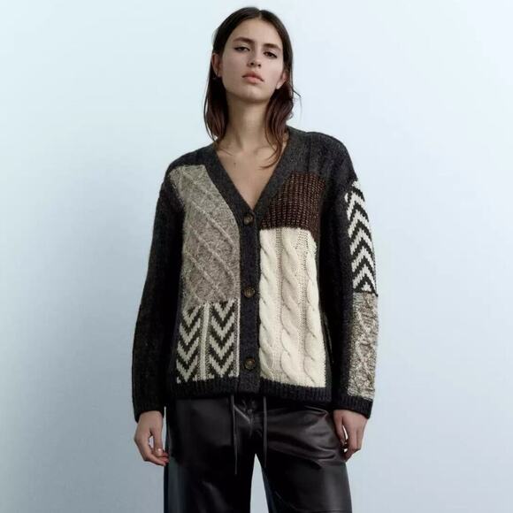 ZARA Patchwork Cable Knit Cardigan Neutral Chevron Size Large Blogger Favorite - Picture 1 of 8